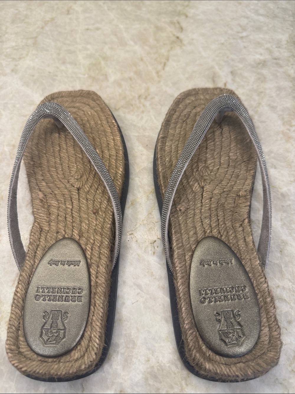Brunello Cucinelli Woven Brown Women's Flip-Flop Sandals with Metallic Straps